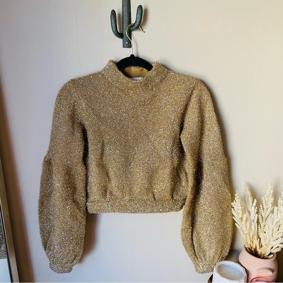 KEEPSAKE The Label Gold Metallic Puff Sleeve Sweater - Picture 1 of 10